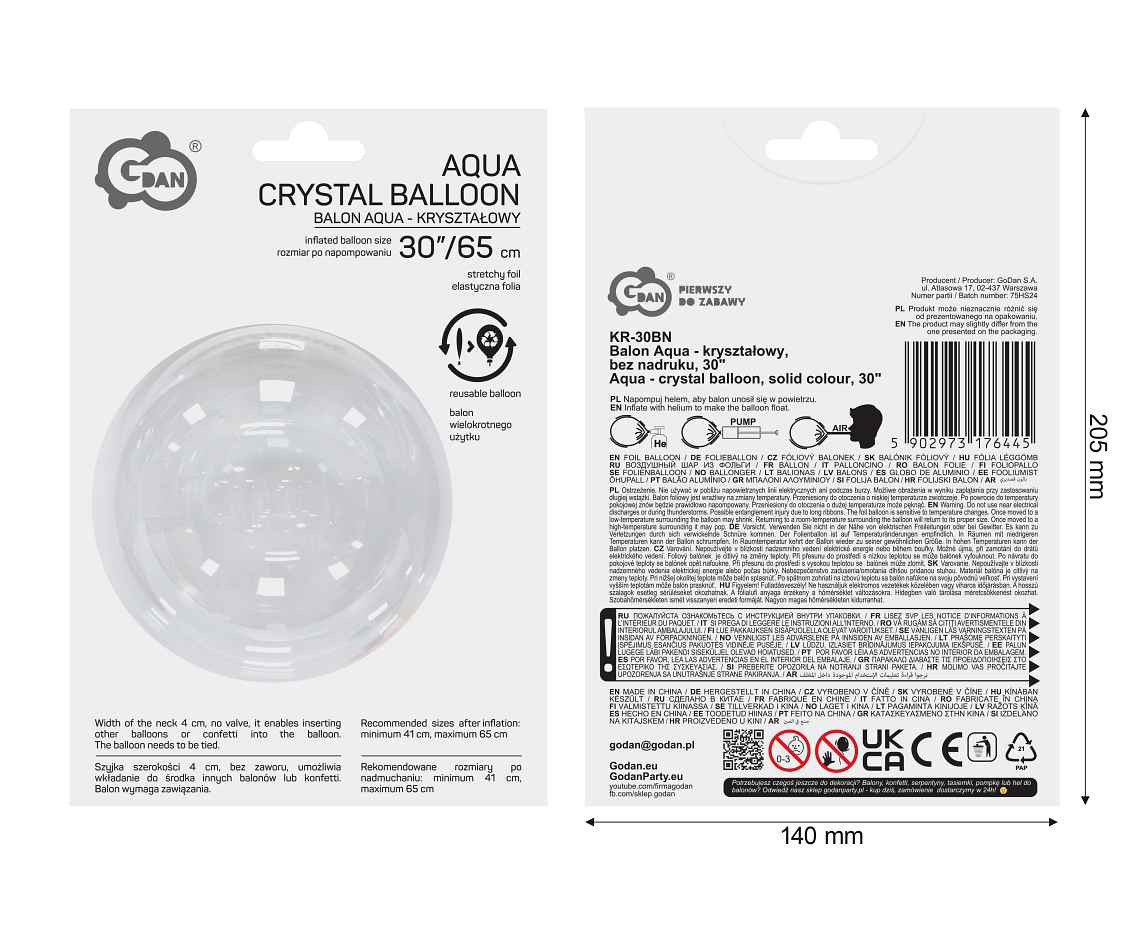 Aqua - crystal balloon, solid colour, 30"